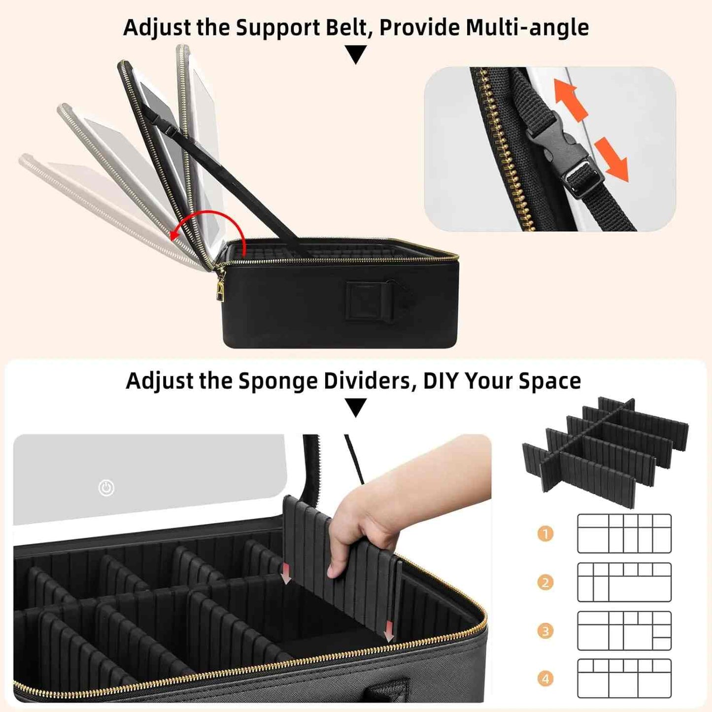 LED Mirror Travel Makeup Bag with Dividers