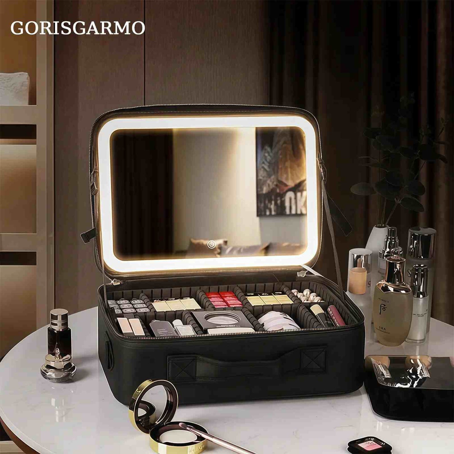 LED Mirror Travel Makeup Bag with Dividers