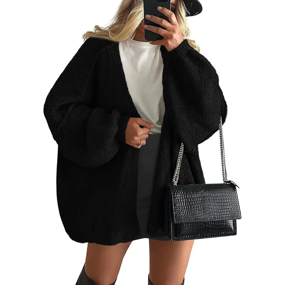 Oversized Lantern Sleeve Open-Front Cardigan