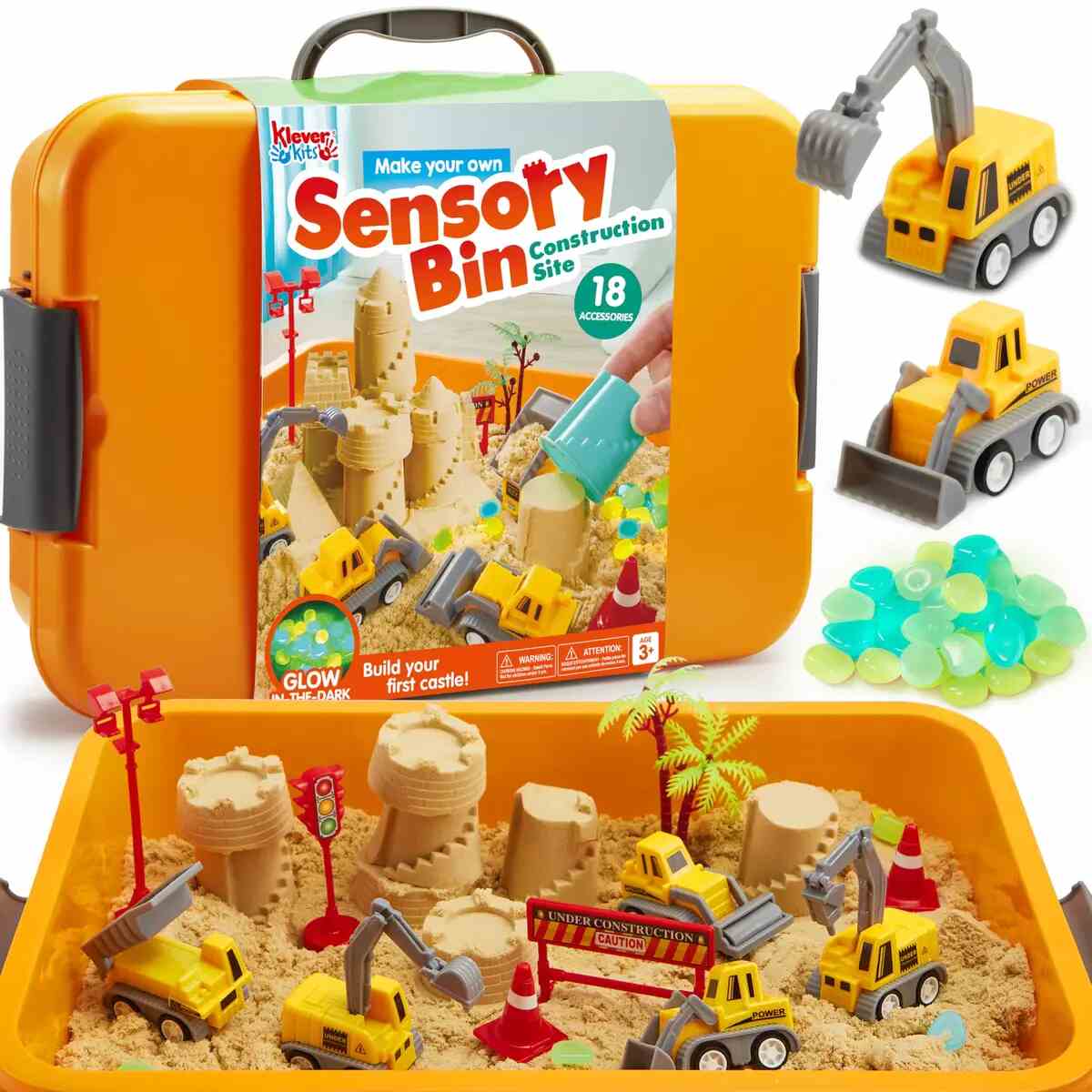 Construction Sensory Bin with Glow Stones