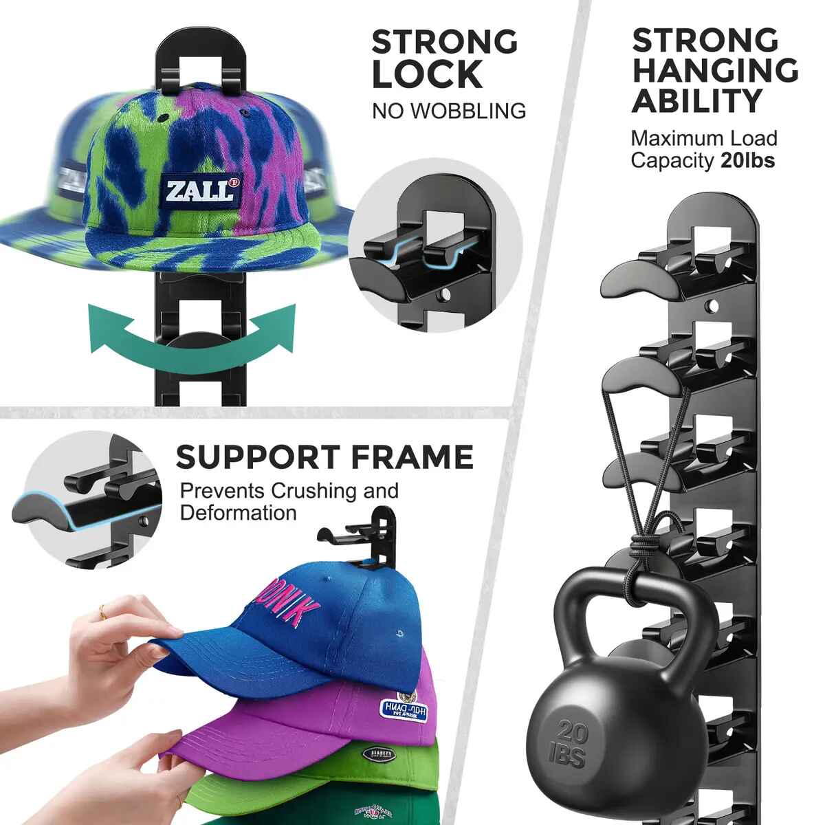 Adhesive Hat Organizer Hooks for 20 Caps