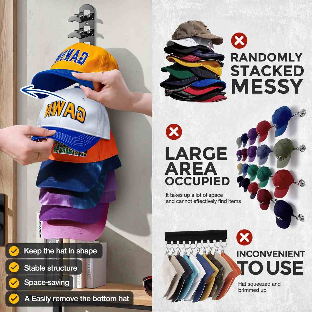 Adhesive Hat Organizer Hooks for 20 Caps