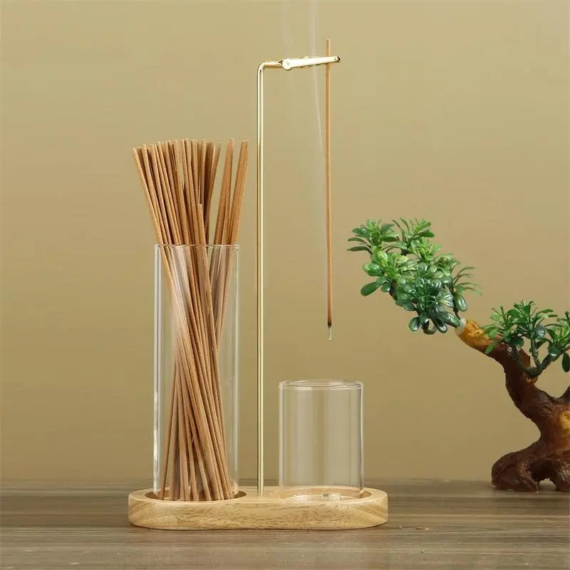 Wooden Incense & Candle Holder with Glass Ash Cup