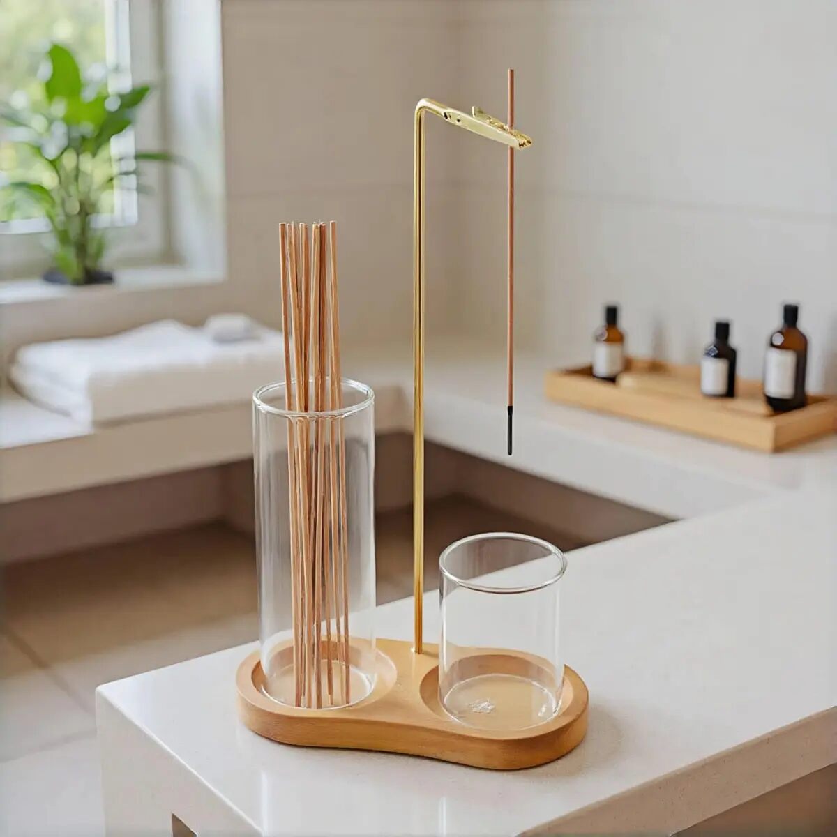 Wooden Incense & Candle Holder with Glass Ash Cup