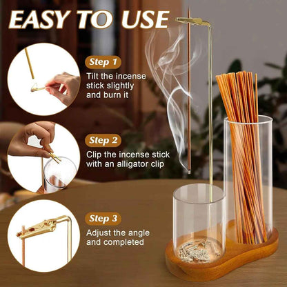 Wooden Incense & Candle Holder with Glass Ash Cup