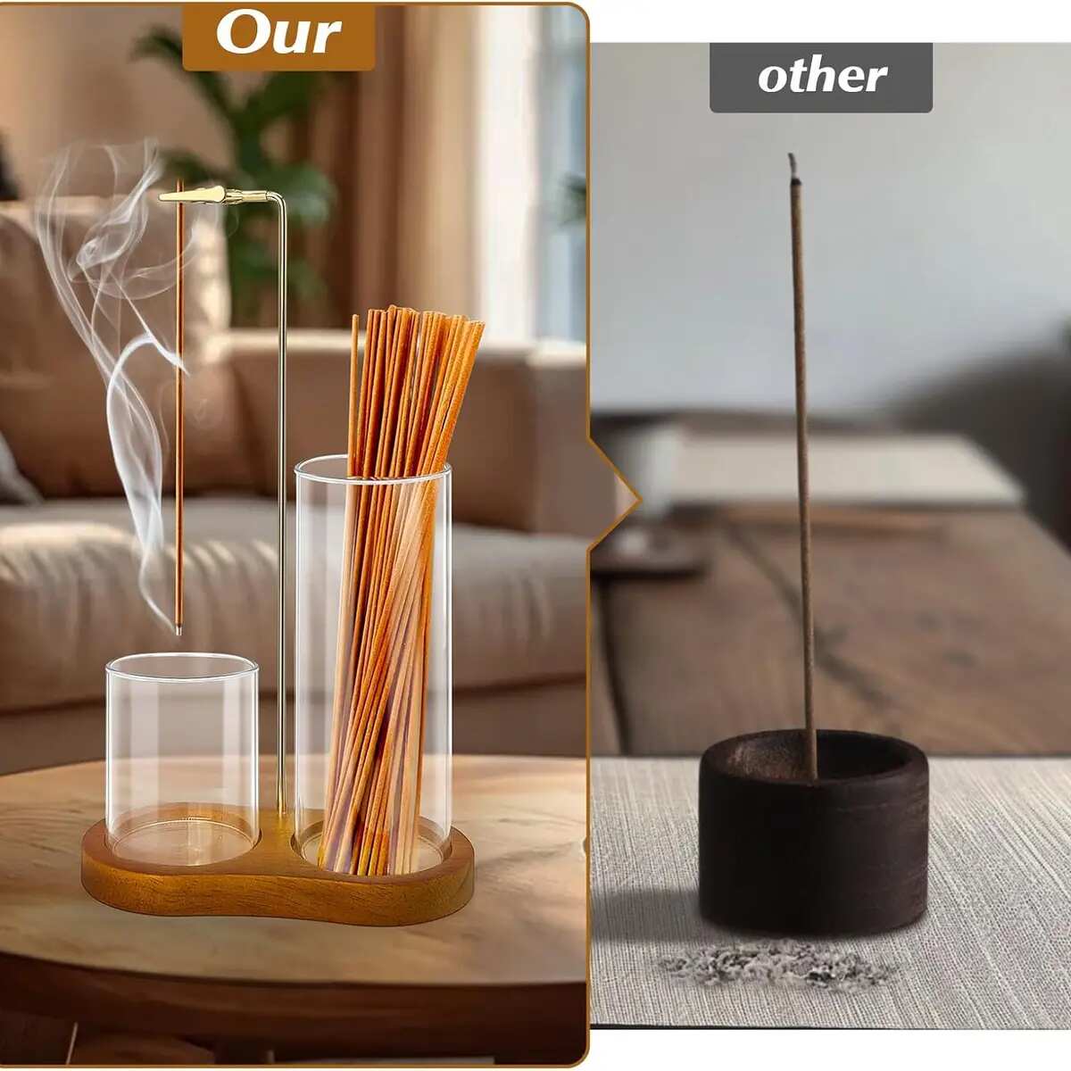 Wooden Incense & Candle Holder with Glass Ash Cup