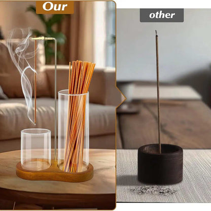 Wooden Incense & Candle Holder with Glass Ash Cup