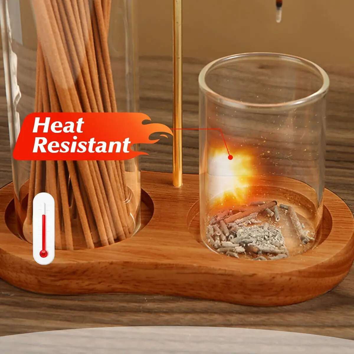 Wooden Incense & Candle Holder with Glass Ash Cup