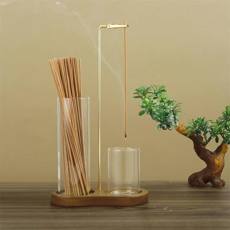 Wooden Incense & Candle Holder with Glass Ash Cup