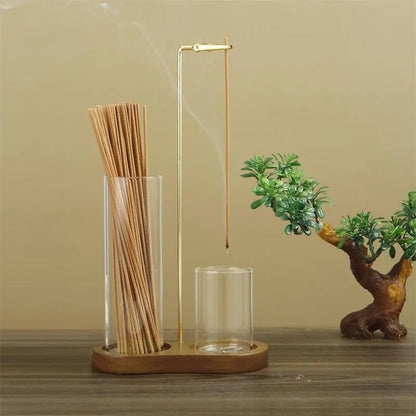 Wooden Incense & Candle Holder with Glass Ash Cup