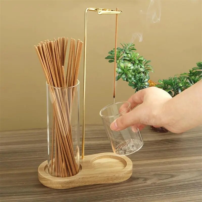 Wooden Incense & Candle Holder with Glass Ash Cup