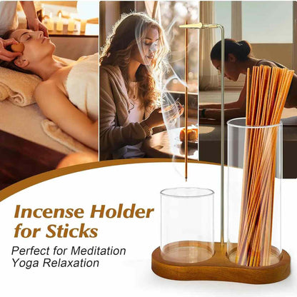 Wooden Incense & Candle Holder with Glass Ash Cup