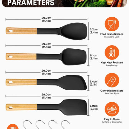 Wooden Handle Silicone Spatula Spoon Set