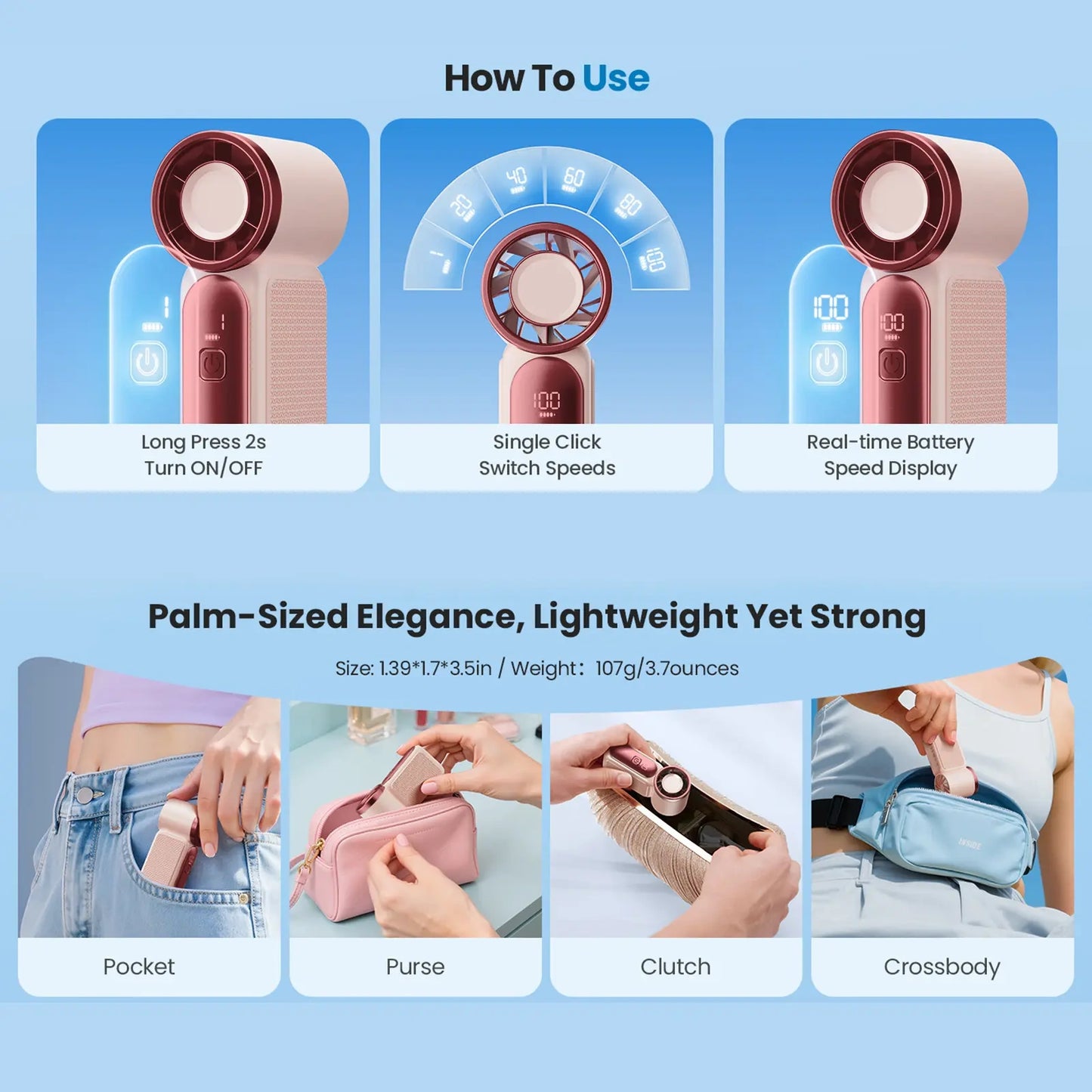 Mini Handheld Fan with LED Display – 6-Speed Turbo Pocket size Fan for Women