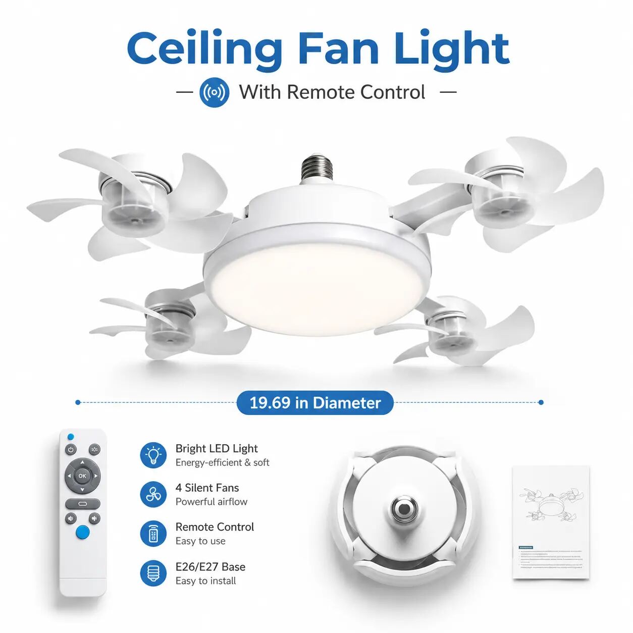 Dimmable Ceiling Fan Light with Extension Rod