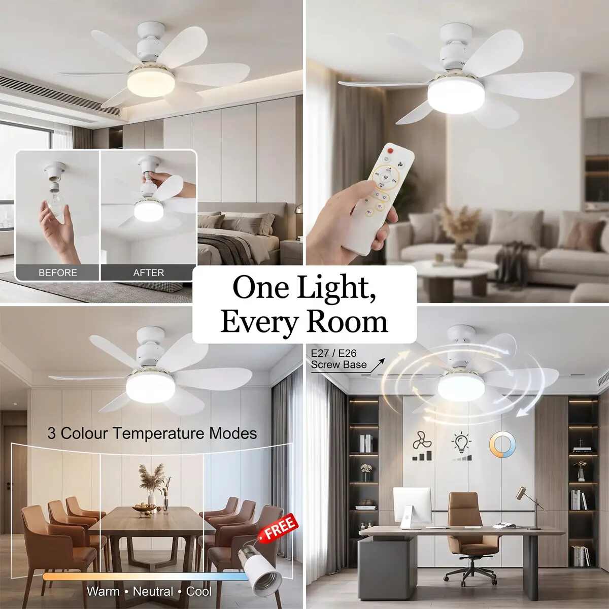 Screw-In Dimmable E27 LED Ceiling Fan Light with Remote Control