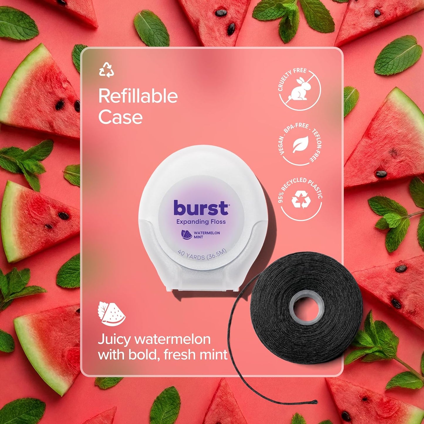 Watermelon Mint Expanding Dental Floss - Black Expanding