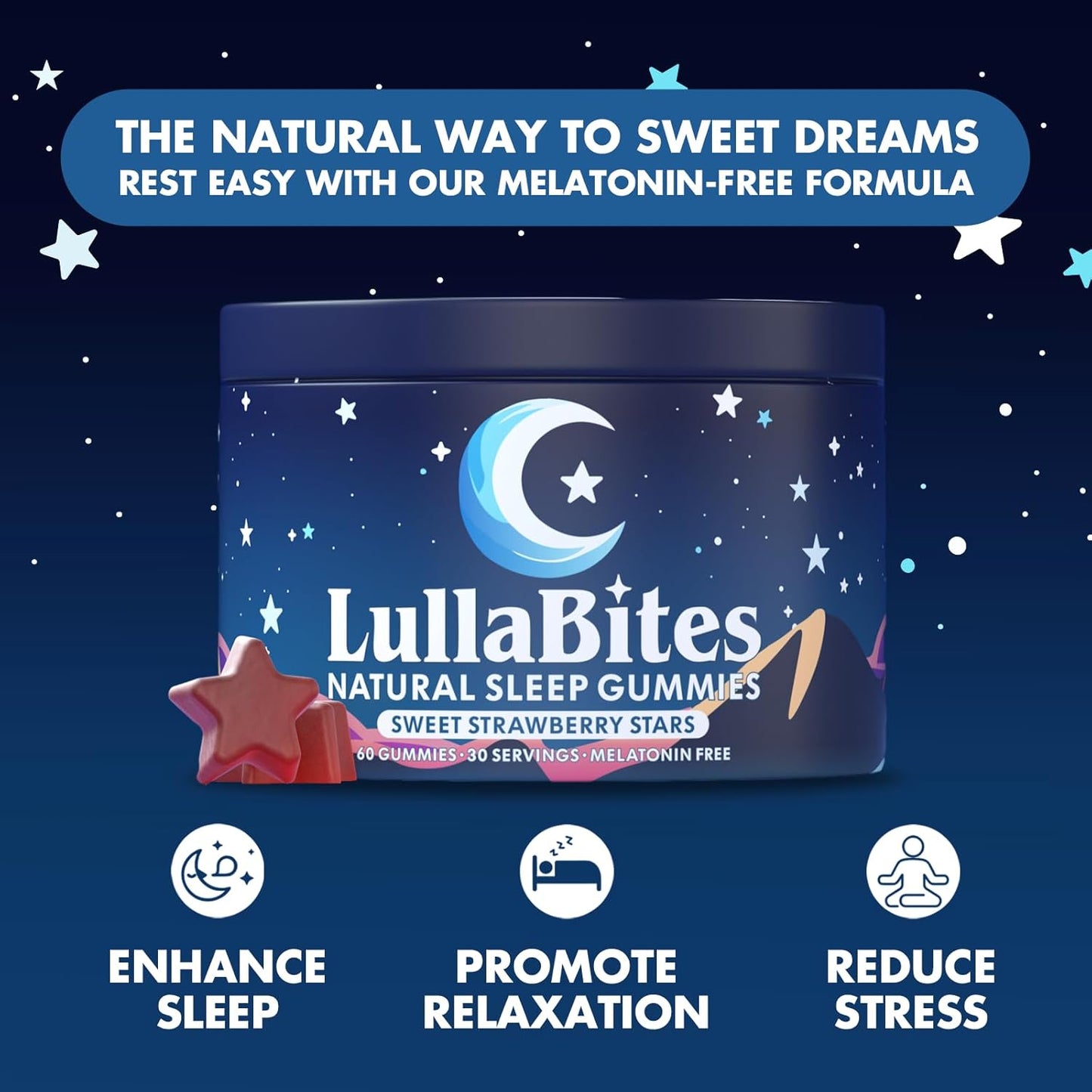 Natural Sleep Gummies - 30 Servings -Sweet Strawberry Stars (Melatonin Free)