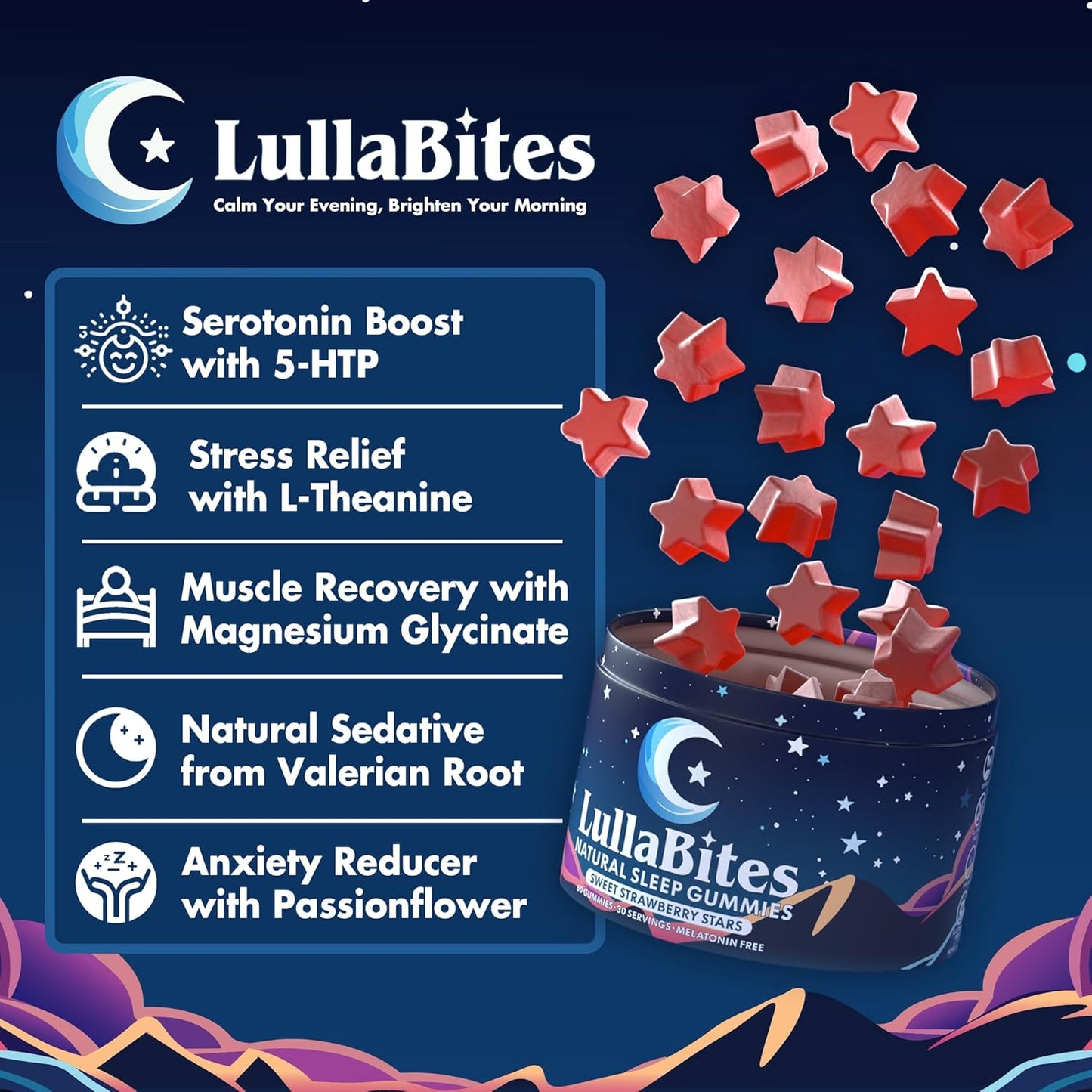 Natural Sleep Gummies - 30 Servings -Sweet Strawberry Stars (Melatonin Free)