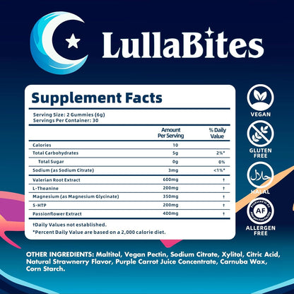 Natural Sleep Gummies - 30 Servings -Sweet Strawberry Stars (Melatonin Free)
