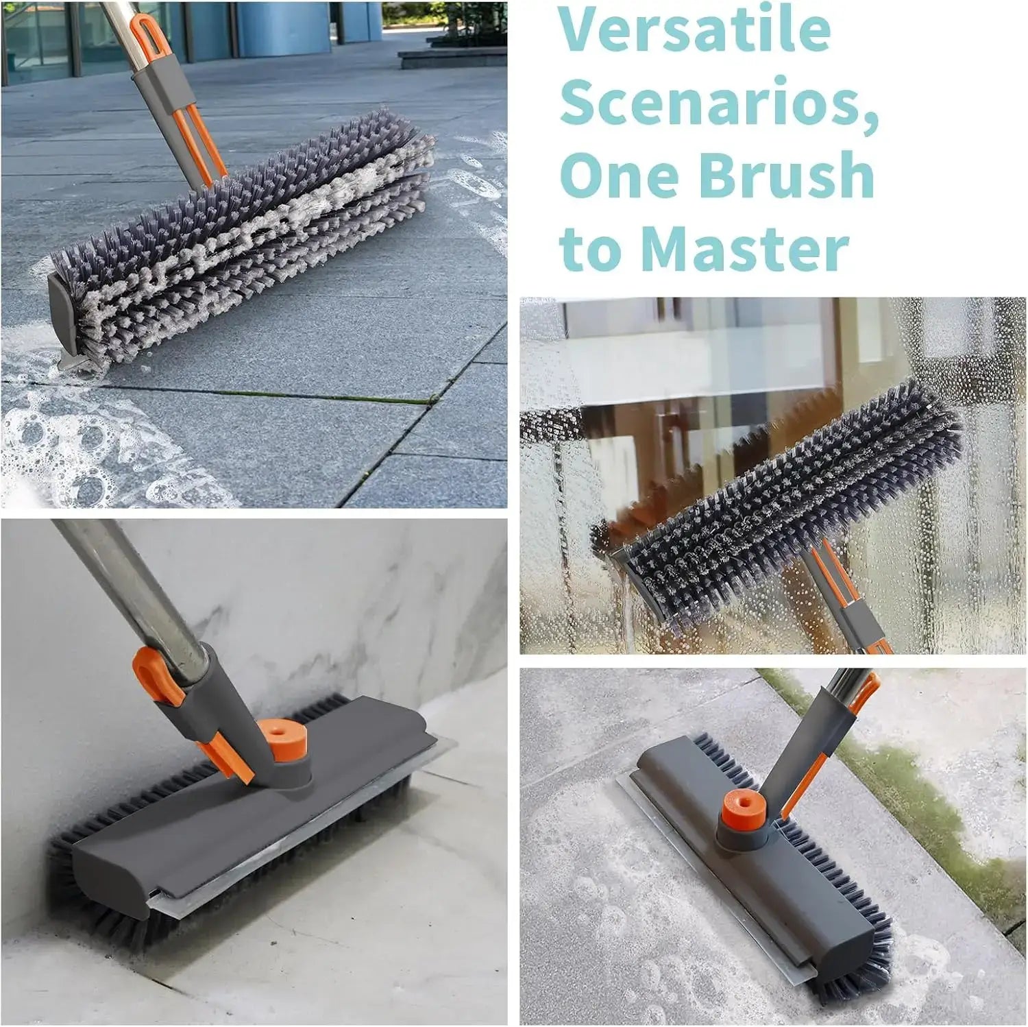 Three functions of the scrub brush head: squeegee, bristles and hair picker