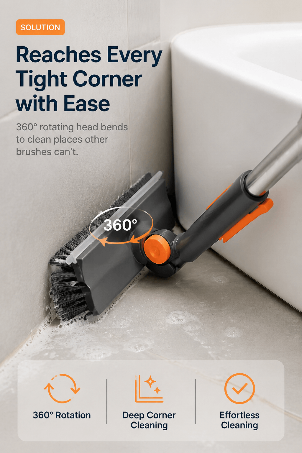 Pivoting scrub brush cleaning a tight bathroom corner