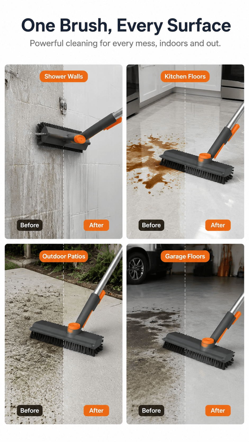 Scrub brush demonstrated on shower wall, kitchen floor, patio and garage floor