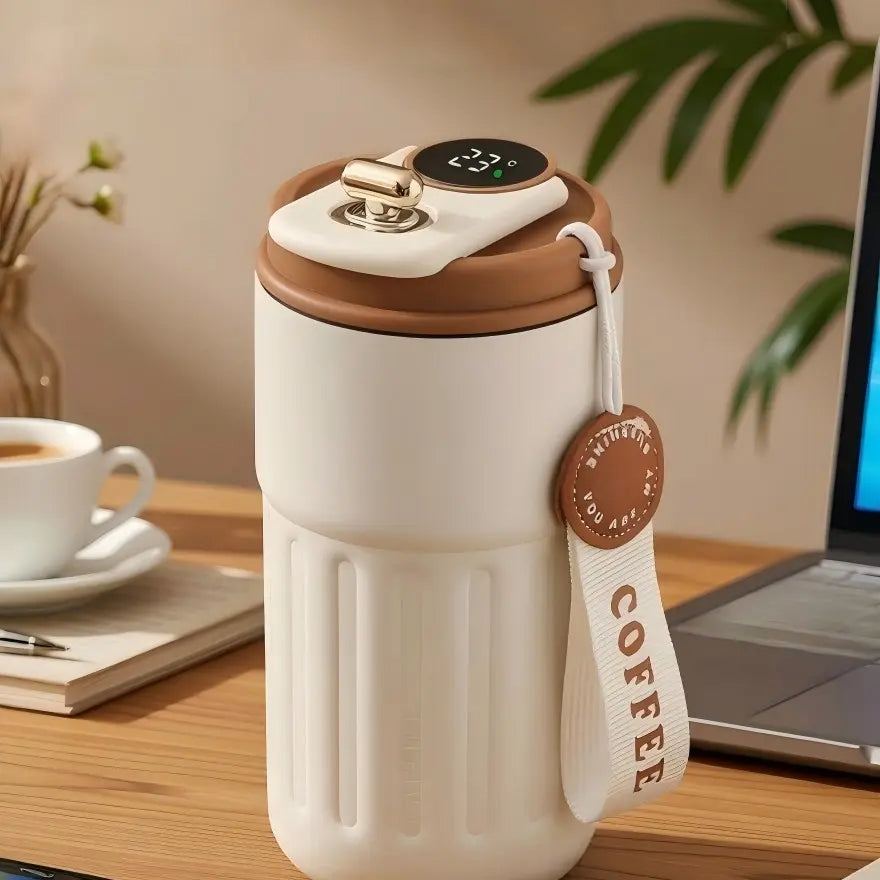 Temperature Display Travel Mug with Carry Loop — Brown upgraded version