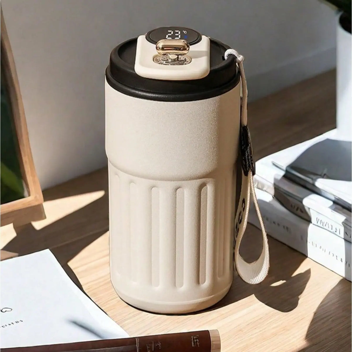 Temperature Display Travel Mug with Carry Loop — Black upgraded version