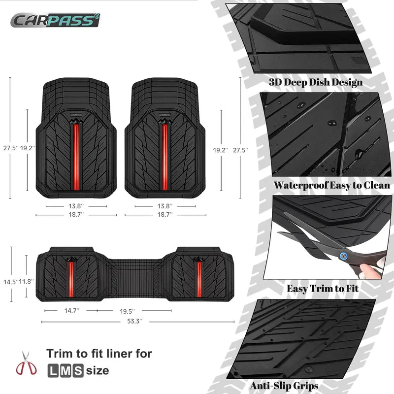 CAR PASS Black Rubber Floor Mats — Complete 3-Piece Set