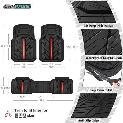 CAR PASS Black Rubber Floor Mats — Complete 3-Piece Set