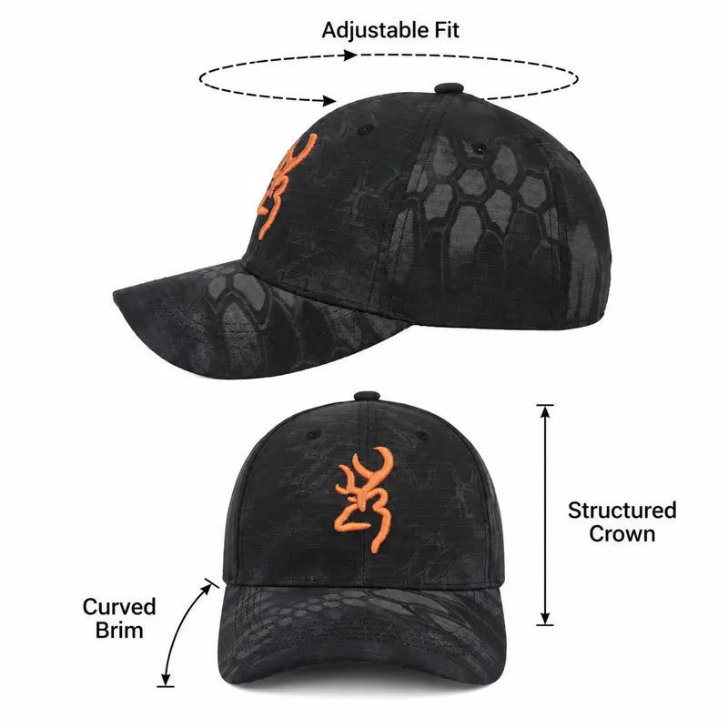 Black Embroidered Outdoor Baseball Cap - source design and use details