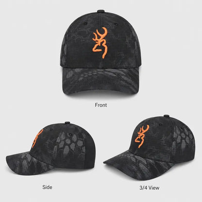 Black Embroidered Outdoor Baseball Cap - source design and use details