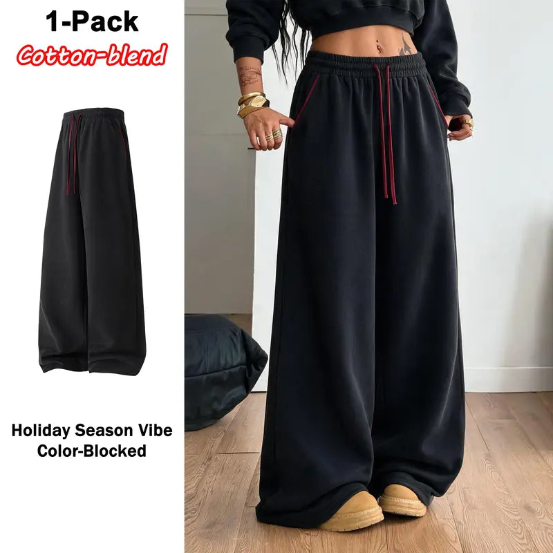 Colorblock Wide-Leg Drawstring Pants - Black original variant photo