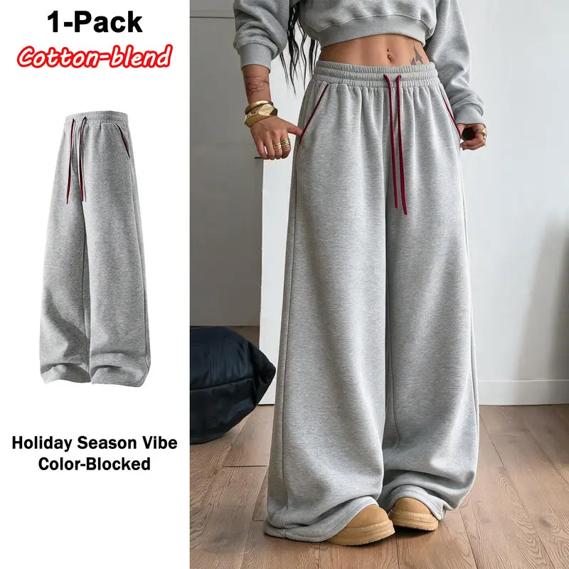 Colorblock Wide-Leg Drawstring Pants - Light gray original variant photo