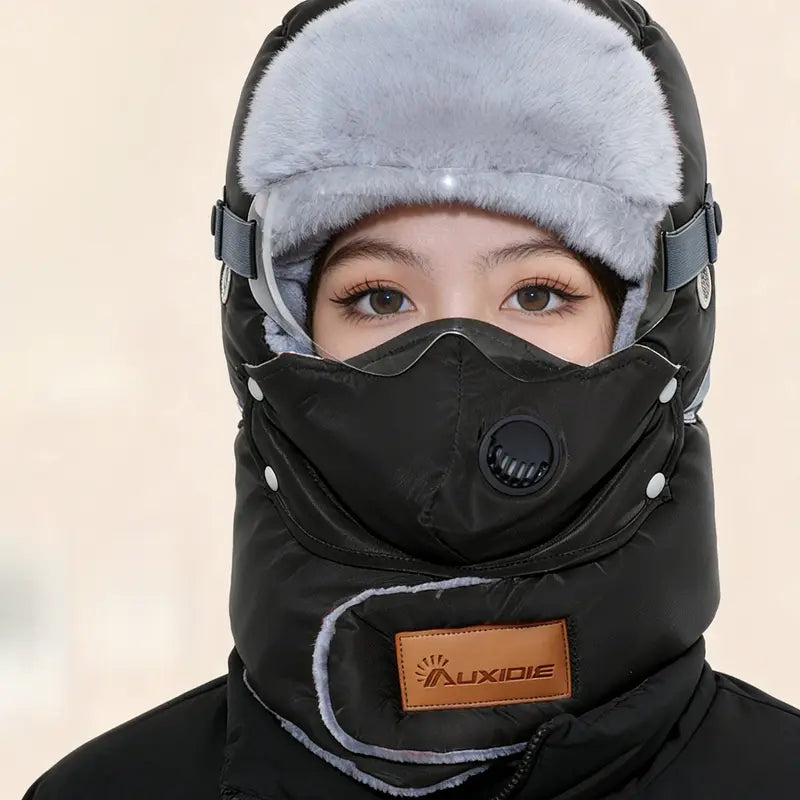 Fleece-Lined Winter Hat with Face Cover and Goggles - source design and use details