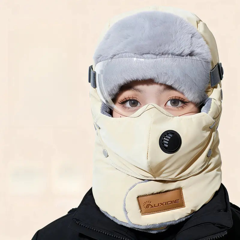 Fleece-Lined Winter Hat with Face Cover and Goggles - source design and use details