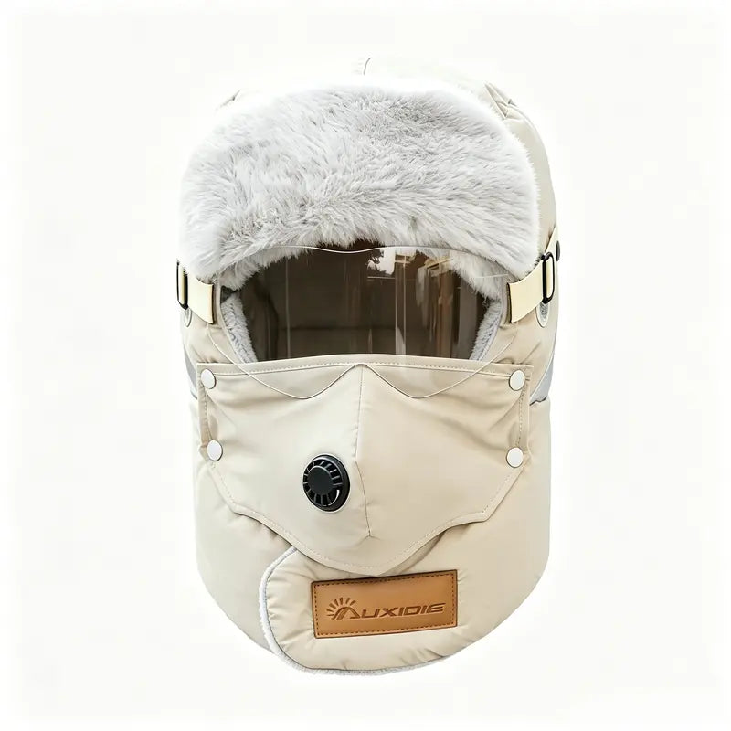 Fleece-Lined Winter Hat with Face Cover and Goggles - White + Goggles