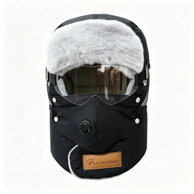 Fleece-Lined Winter Hat with Face Cover and Goggles - Black + Goggles