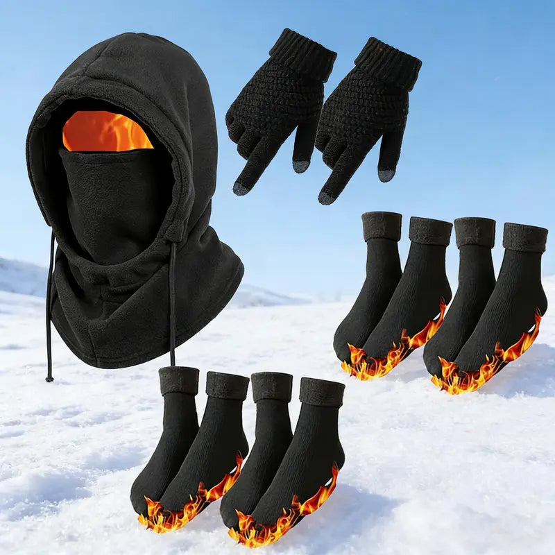 Black Hood, Gloves and Optional Socks Winter Kit - source design and use details