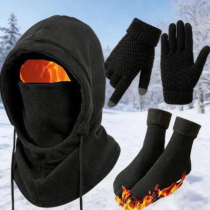Black Hood, Gloves and Optional Socks Winter Kit - source design and use details