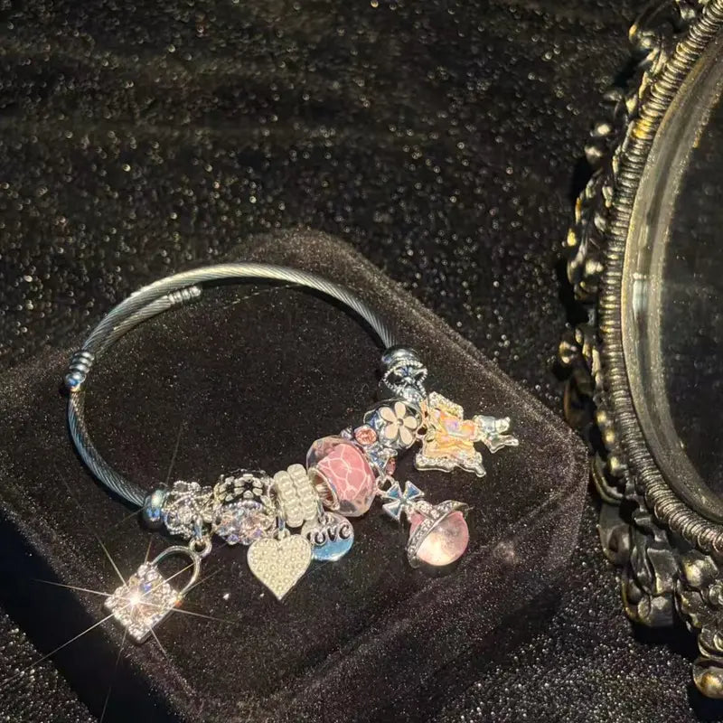 Pink butterfly crystal charm open cuff bracelet - original product photo 3