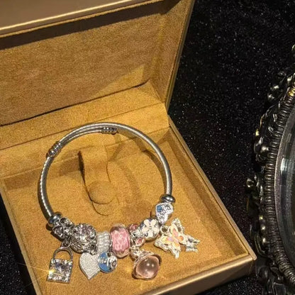 Pink butterfly crystal charm open cuff bracelet - original product photo 2