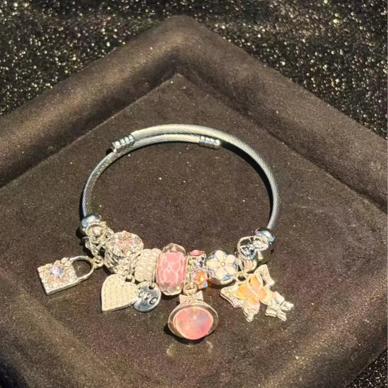 Pink butterfly crystal charm open cuff bracelet - original product photo 1