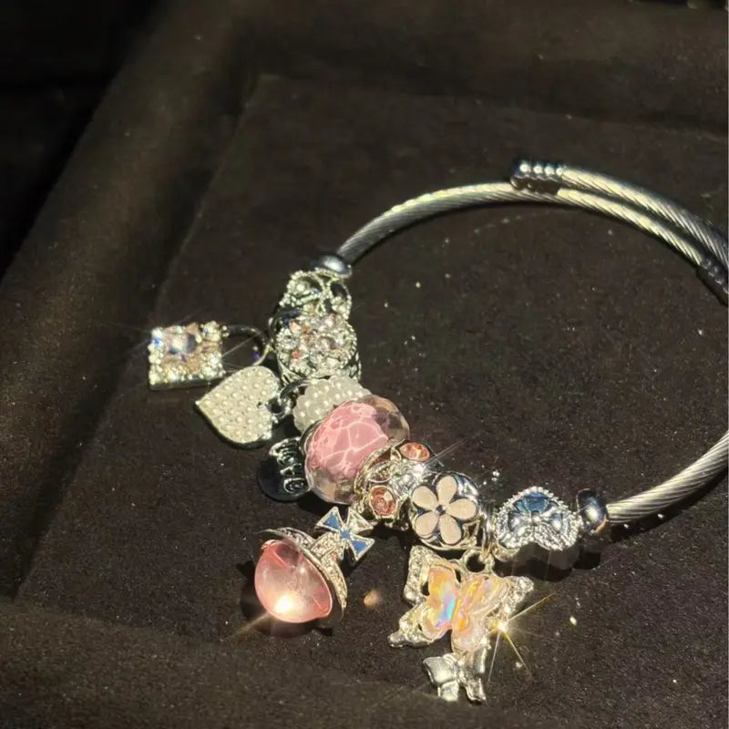 Pink butterfly crystal charm open cuff bracelet - original product photo 4