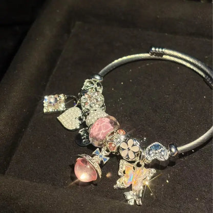Pink butterfly crystal charm open cuff bracelet - original product photo 4