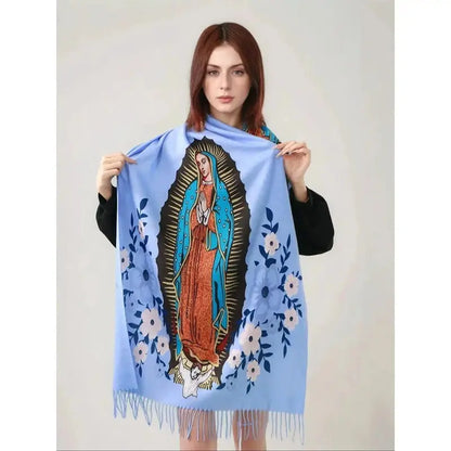 Virgin Mary Floral-Print Fringed Shawl - Blue