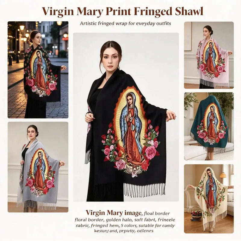 Virgin Mary Floral-Print Fringed Shawl - source design and use details