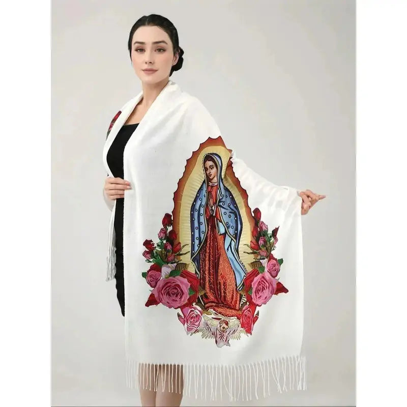 Virgin Mary Floral-Print Fringed Shawl - White