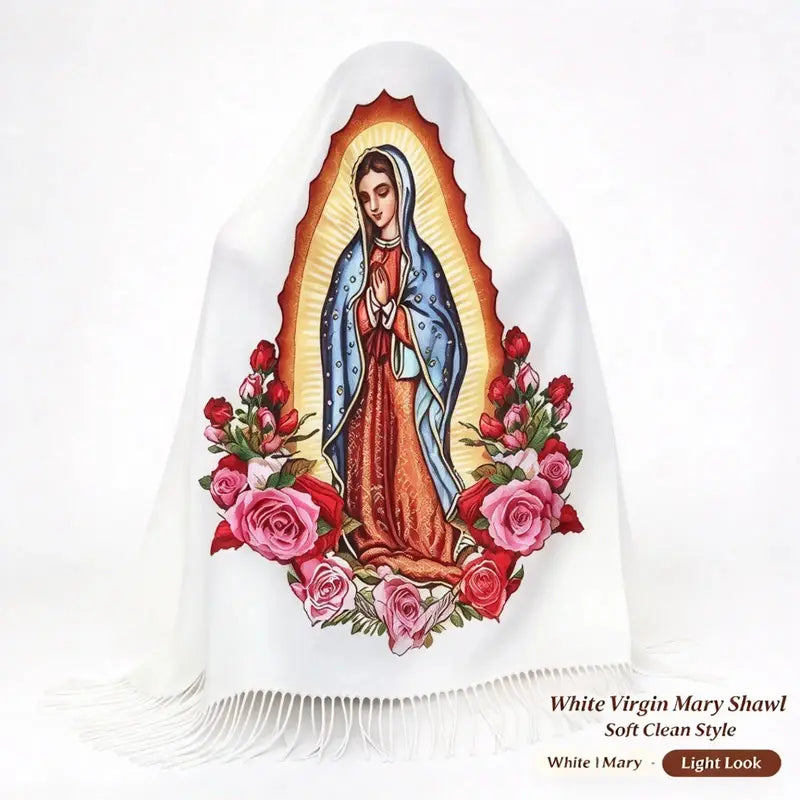 Virgin Mary Floral-Print Fringed Shawl - source design and use details